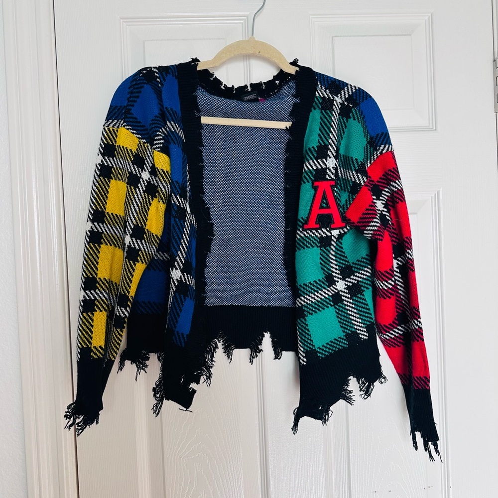 Runway 7 Distressed Colorful Plaid Cardigan with Letter Patch